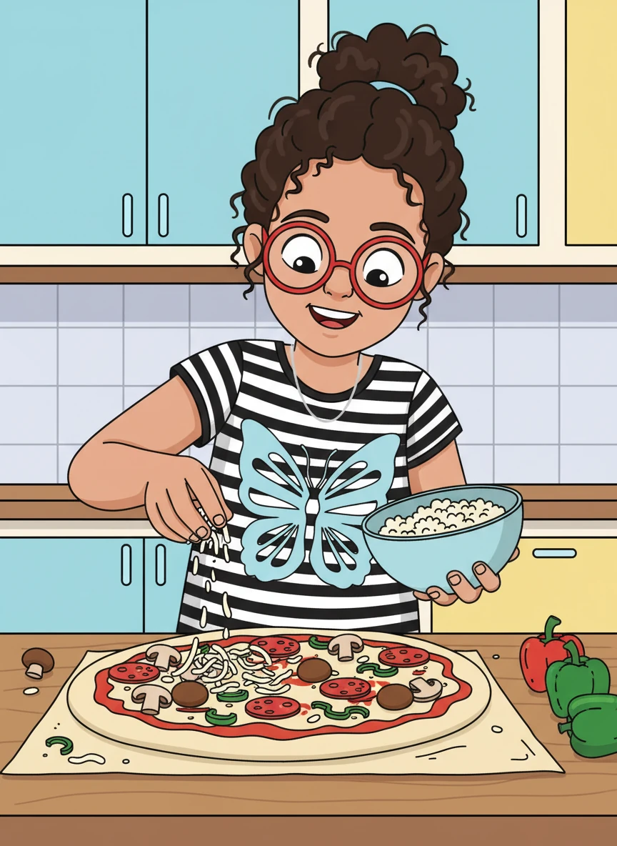 Then came the cheese and toppings! Leo sprinkled mozzarella cheese generously, followed by colorful pepperoni, mushrooms, and green peppers. He was so proud of his creation.