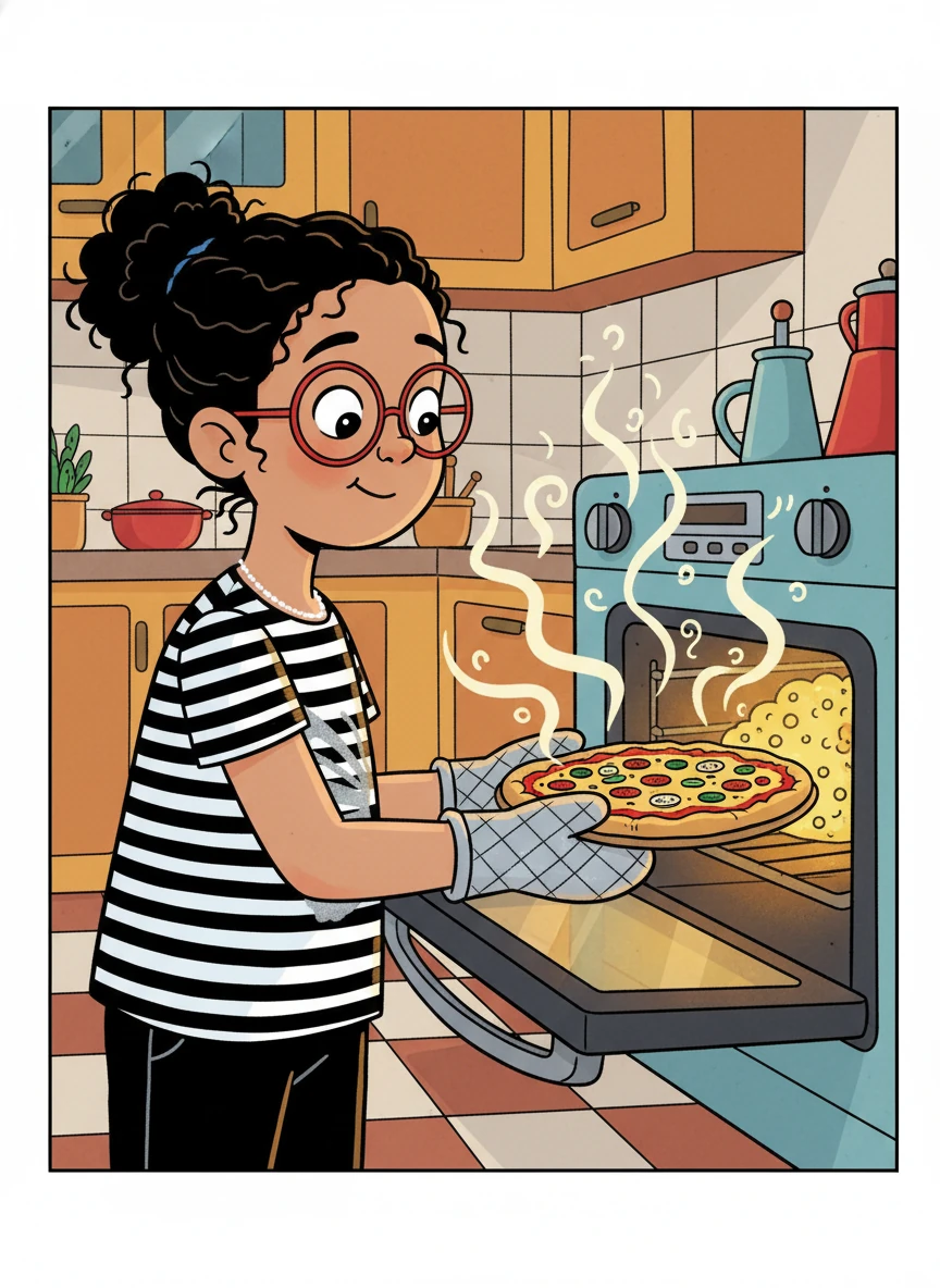 With the pizza ready, they carefully slid it into the hot oven. Leo watched with anticipation as the cheese bubbled and the crust turned golden brown. The kitchen smelled incredible.