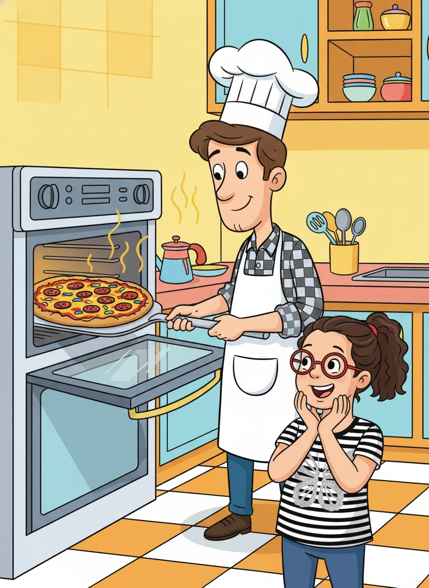 Finally, the pizza was ready! Leo's dad took it out of the oven, and the delicious aroma filled the kitchen. Leo could barely wait to taste his creation.