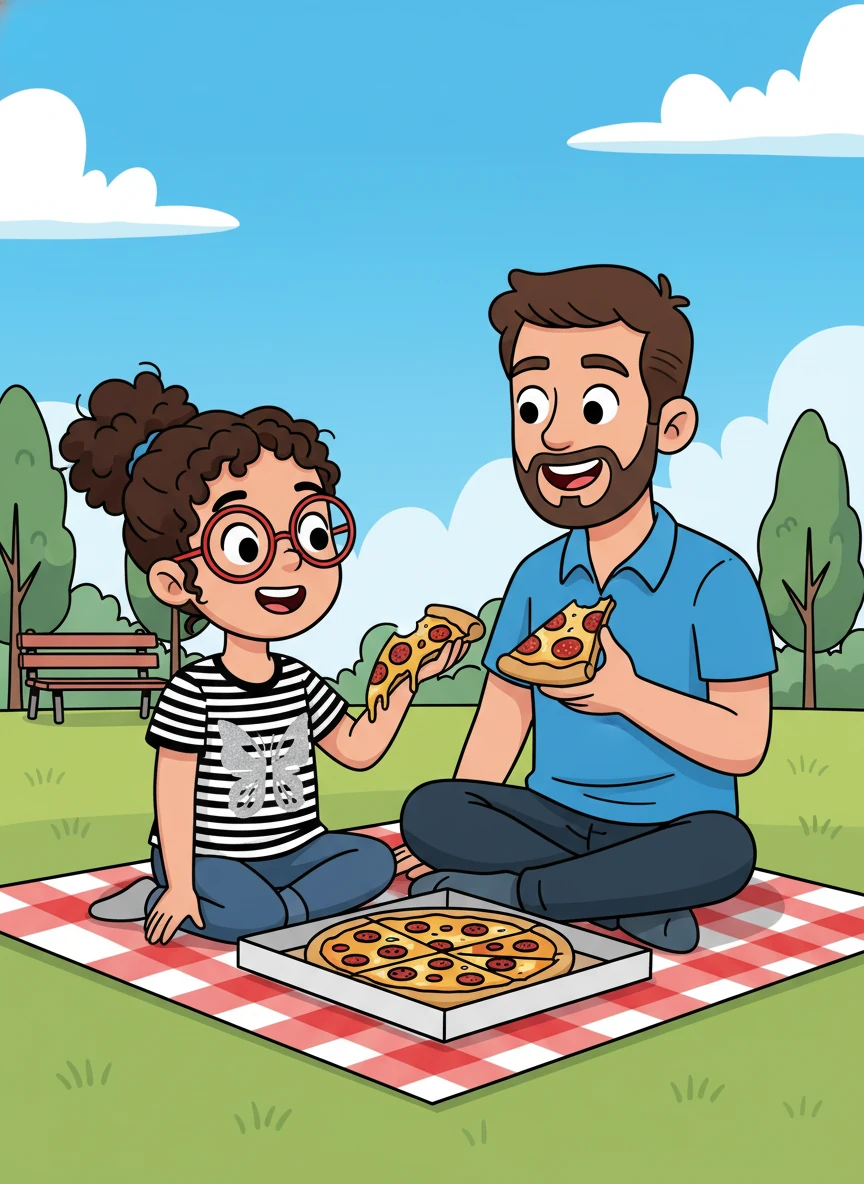 Leo took his first bite, his eyes widening with delight. It was the best pizza he had ever tasted! He shared it with his dad, smiling with pride and joy.