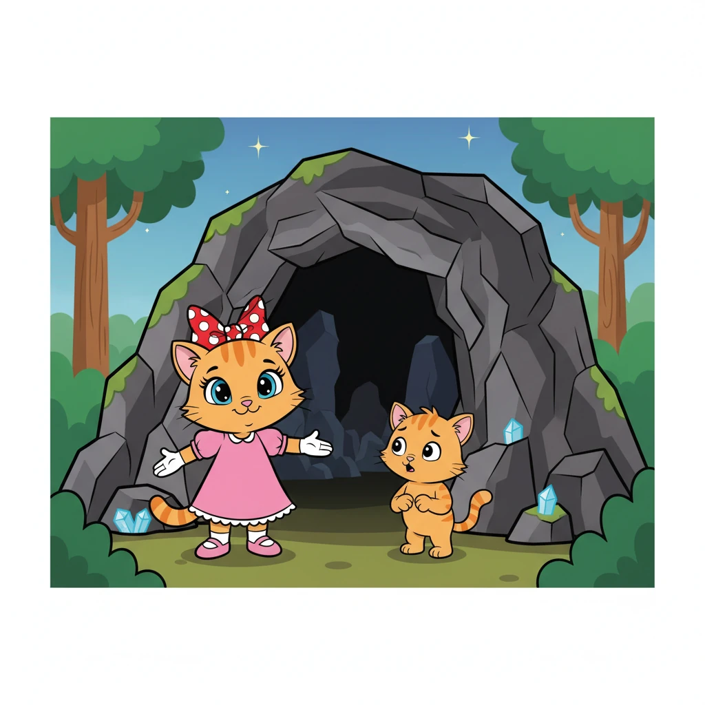 Continuando a busca pelo tesouro, eles chegaram a uma caverna escura e misteriosa. Fred, um pouco assustado, hesitou em entrar, mas Lilica o encorajou, mostrando que juntos eles poderiam enfrentar qualquer desafio.