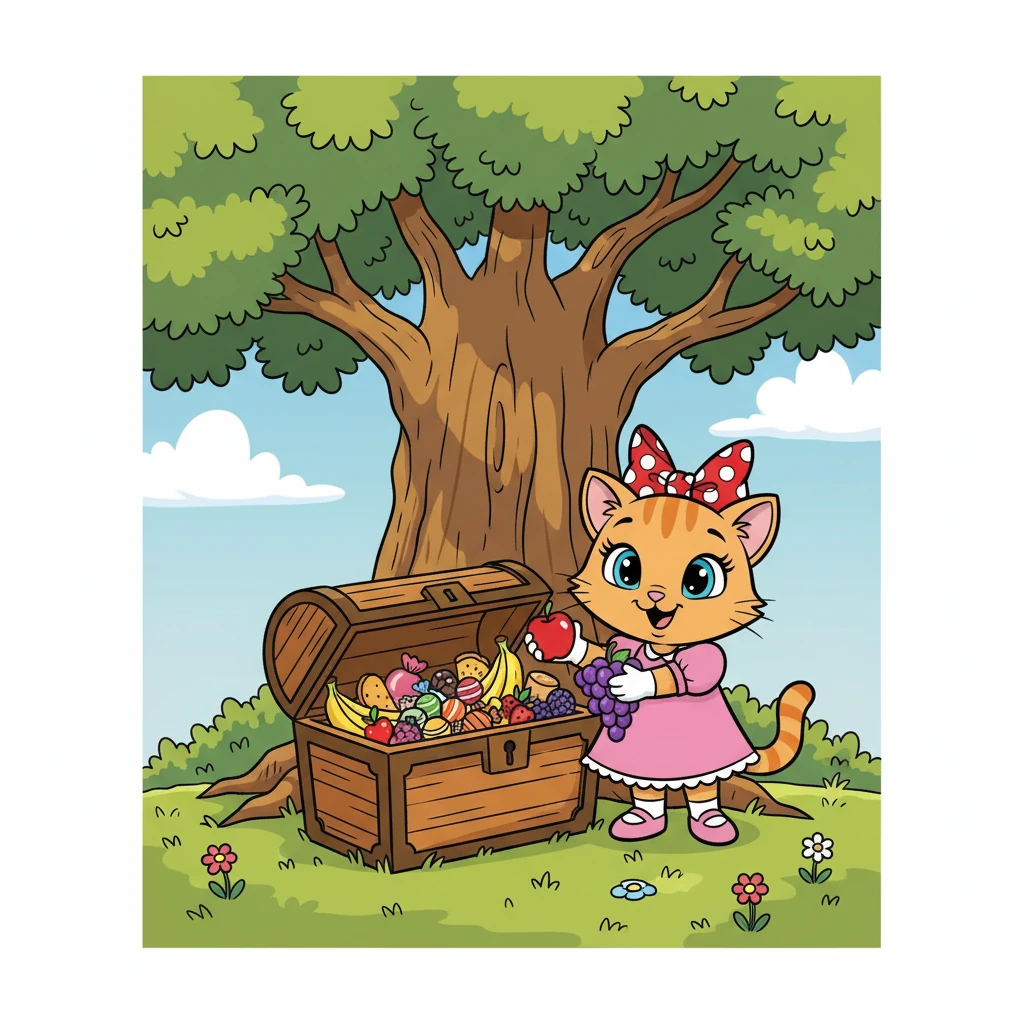 Após seguirem o mapa, chegaram a uma clareira ensolarada. Lá, sob uma árvore majestosa, encontraram o tesouro: uma caixa cheia de doces e frutas deliciosas. A felicidade era imensa.