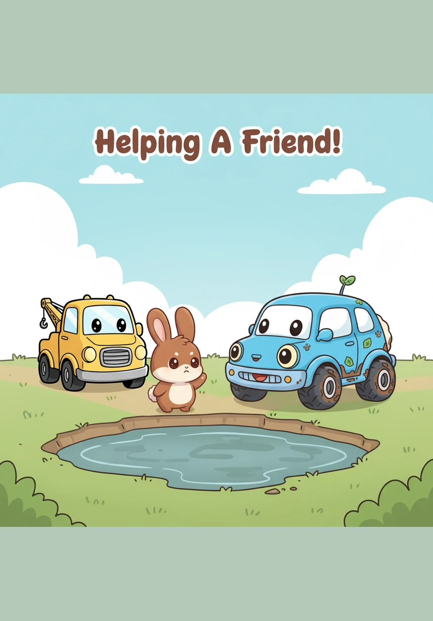 路边有一个积水的小泥坑,一只棕色的小兔子正发愁怎么过去。小野温柔地停下车,贴心地降低了车身高度,让小兔子跳到自己的车顶上,小兔子好奇地伸出爪子摸了摸小野强壮的轮胎。