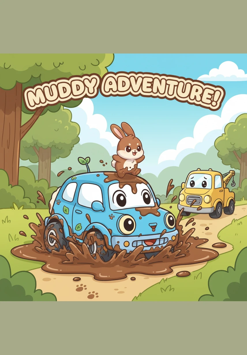 前方出现了一个大泥巴塘,小野兴奋地加速冲了进去。泥巴像小喷泉一样四处飞溅,车轮开始在湿滑的泥浆里打滑,原本干净的车身沾上了一些小泥点,小野的表情变得有一点点慌张。