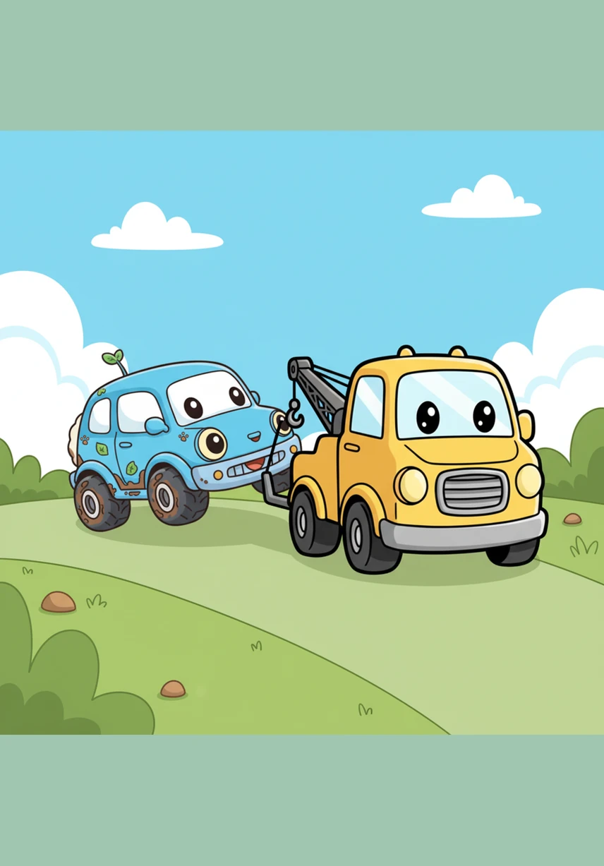 哎呀,小野陷在泥巴塘中央动弹不得了,四个轮胎有一半都埋进了棕色的泥浆里。他着急地睁大眼睛,努力地转动轮子,可轮子只是在原地空转,溅起更多的泥星子,急得他嘴角都撇了下来。