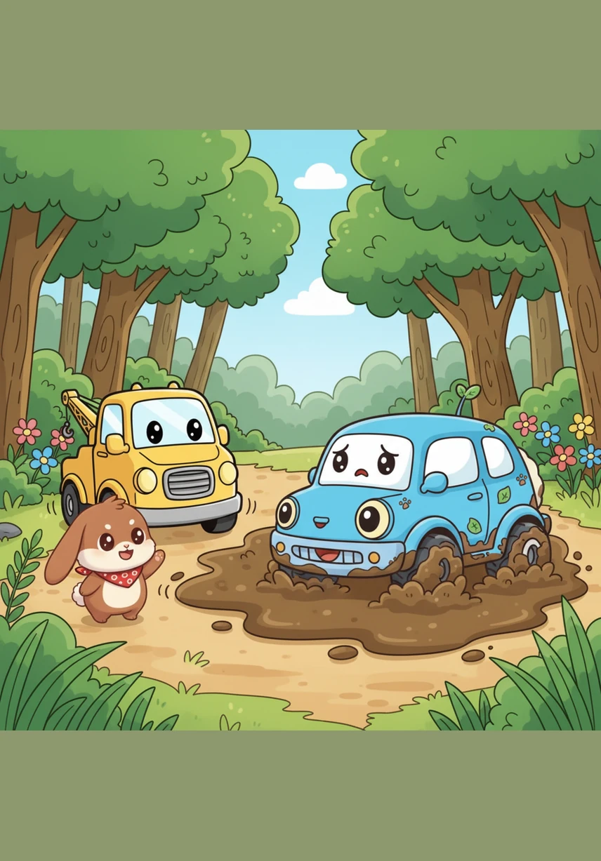 这时,金灿灿的小拖车拉拉赶了过来,他那长长的吊臂看起来非常可靠。拉拉停在泥巴塘边,关切地看着陷在困境中的小野,两辆小车互相打着招呼,商量着脱困的好办法。