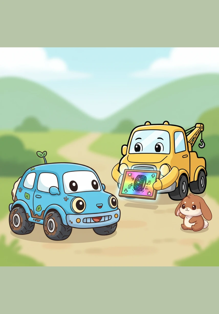 拉拉拿出一个神奇的小画板,耐心地向小野解释什么是“摩擦力”。他指着画板上那些像小手一样互相拉住的箭头,告诉小野轮胎花纹是如何抓住地面的,小野歪着头认真地听着,渐渐明白了其中的奥秘。