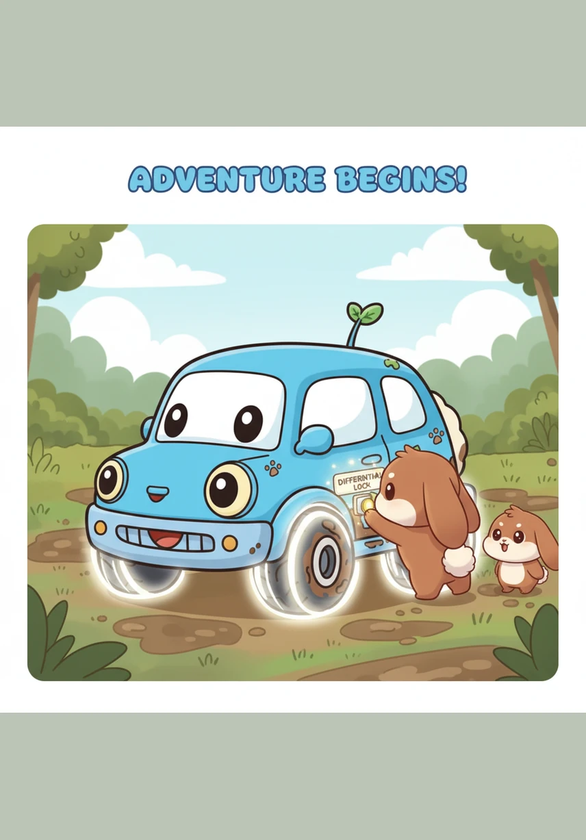 拉拉靠近小野的车身,帮他按下了神奇的“差速锁”开关。瞬间,小野的四个轮胎周围仿佛亮起了充满力量的光芒,轮胎重新获得了紧紧抓住泥土的力气,准备迎接最后的挑战。