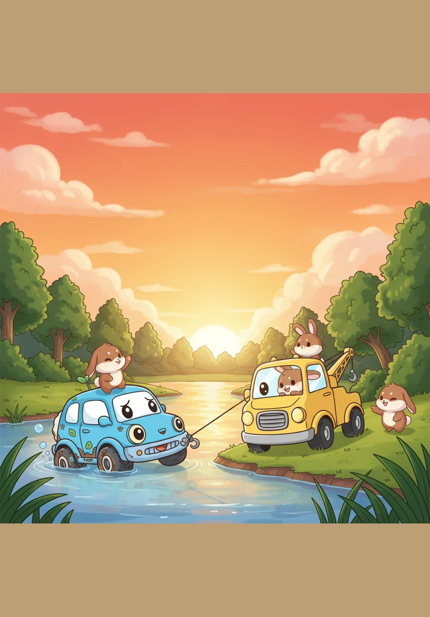 夕阳将天空染成了温暖的橙红色,小野来到清凉的小河边。红色的消防车朋友正用柔和的水柱帮他冲洗轮胎,洗去污垢后的花纹再次变得清晰亮丽,小野舒服地闭上眼睛,享受着这温馨的时刻。