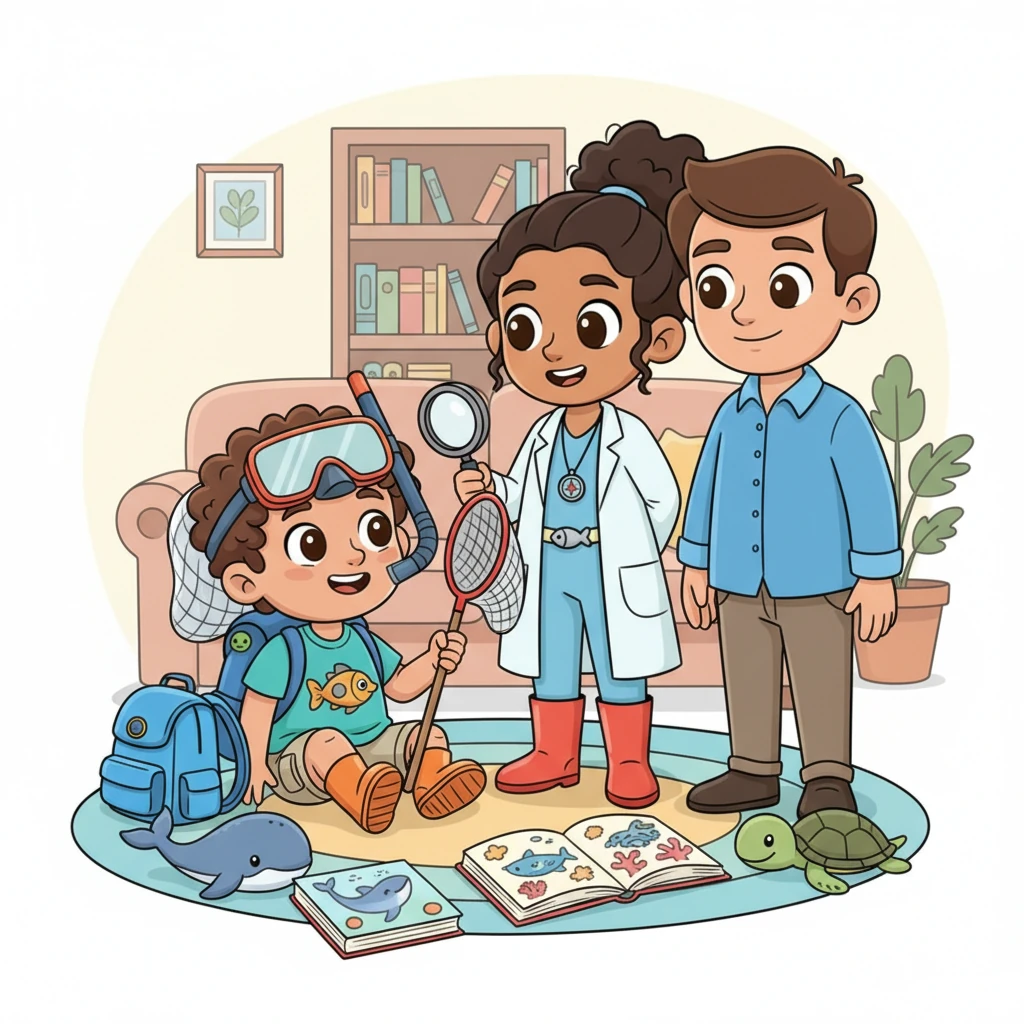 Jayden, a bright-eyed boy with a snorkel mask playfully perched on his head, sits excitedly on the living room floor surrounded by ocean-themed books and toys. He looks up at his loving parents, Dad and Mom Vanessa, with a huge, hopeful smile. "Mom, Dad, I want to be a marine biologist when I grow up! How can I learn everything about the amazing ocean?"