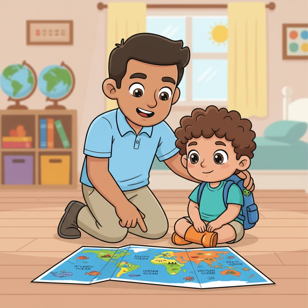 Dad kneels beside Jayden, pointing to a colorful world map spread open on the floor. He explains the five great oceans: the Pacific, Atlantic, Indian, Southern, and Arctic, each a vast blue world. Dad tells Jayden that the Pacific Ocean is the biggest of all, stretching across nearly one-third of our entire planet, a truly immense realm waiting to be explored.