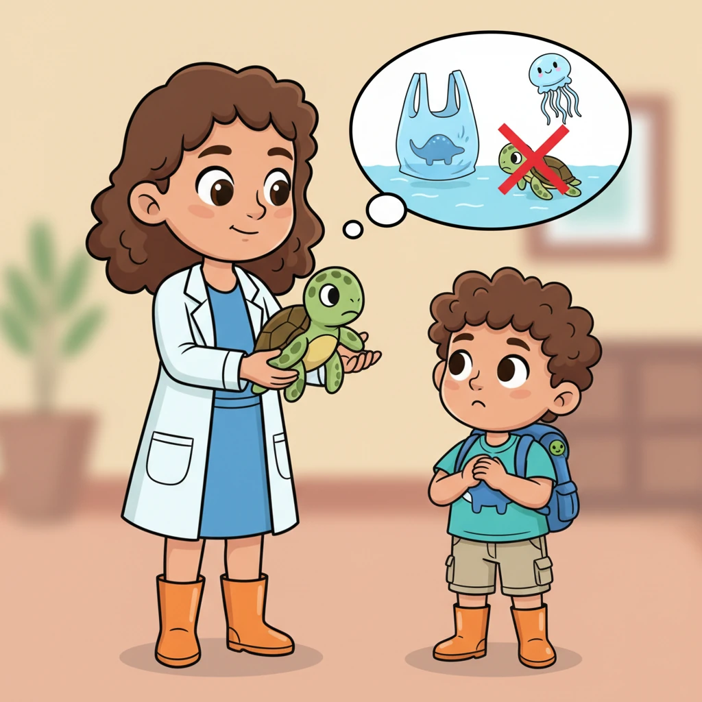 Mom Vanessa gently holds a toy sea turtle in her hands, her face earnest and kind. She tells Jayden a sad truth: many sea turtles mistake plastic bags floating in the ocean for yummy jellyfish, their favorite snack. She explains how this plastic can make them very sick, emphasizing why it's so important to keep our oceans clean and free from all trash.