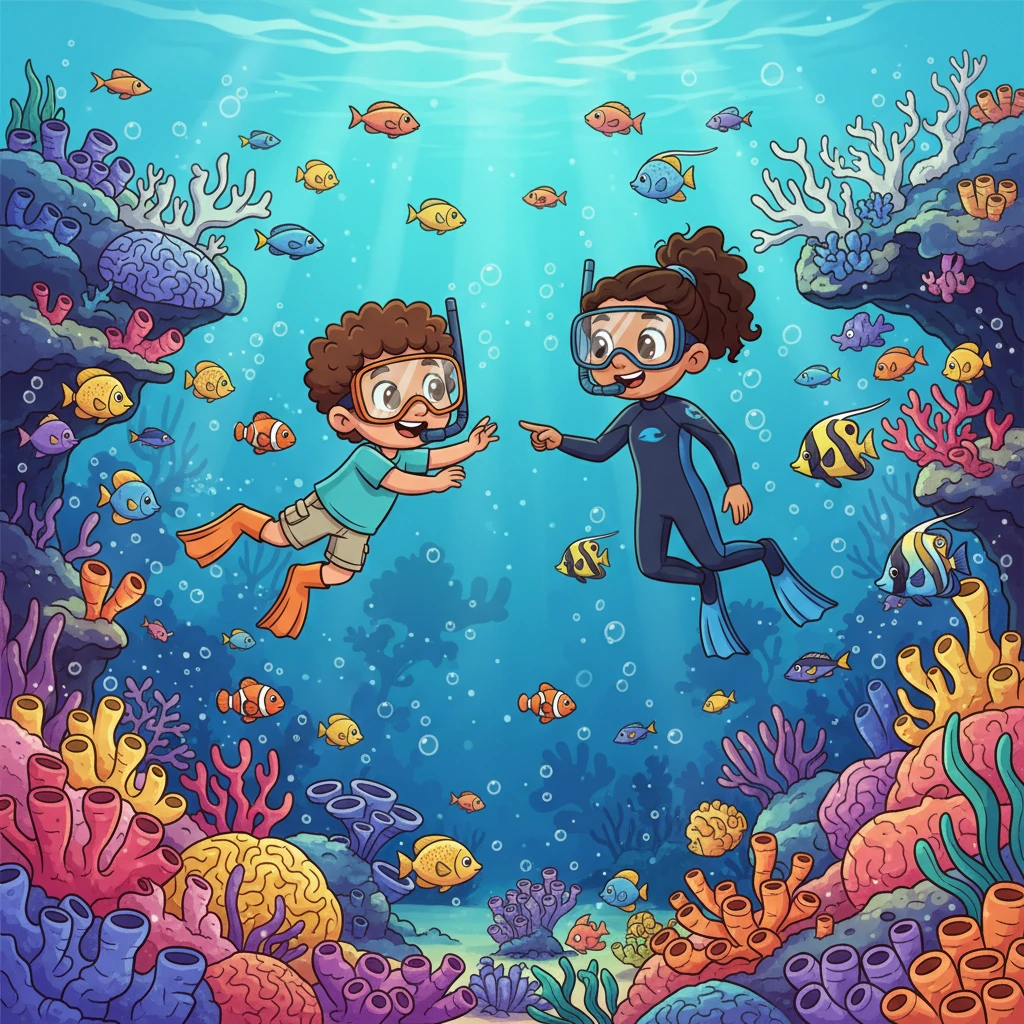 Jayden imagines himself diving into a vibrant coral reef, bustling with countless fish of every color and shape, darting between the intricate coral formations. Mom explains that coral reefs are like underwater cities, home to a quarter of all marine species, but also shares how rising temperatures cause coral bleaching, turning these beautiful homes white and making them sick. She highlights our crucial role in protecting these delicate ecosystems.