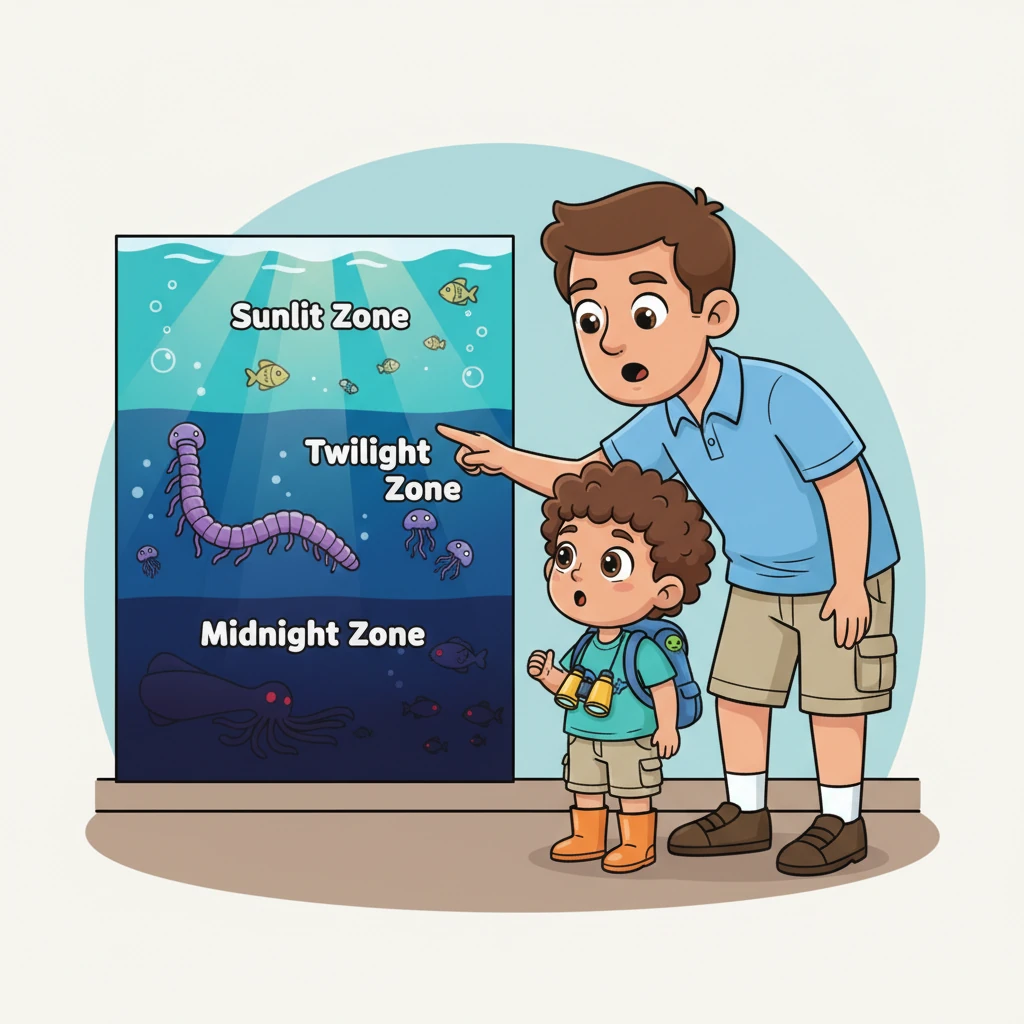 Dad shows Jayden a fascinating diagram of the ocean's different layers, from the sunlit surface to the inky, mysterious depths. He points to the Twilight Zone, where strange, glowing creatures like the long, chain-like Siphonophore drift silently. Deeper still is the perpetual darkness of the Midnight Zone, a realm where bioluminescent fish and giant squid roam, adapted to extreme pressure.