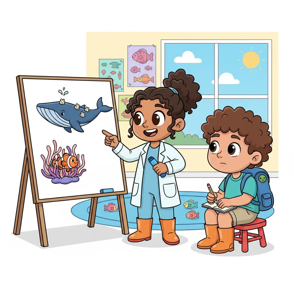 Vanessa illustrates how sea creatures often help each other in incredible ways. She explains symbiosis, like the brave clownfish living safely within a sea anemone's stinging tentacles, and commensalism, where a barnacle rides on a whale without helping or harming it. These fascinating partnerships show how marine life thrives together, creating a balanced ecosystem.