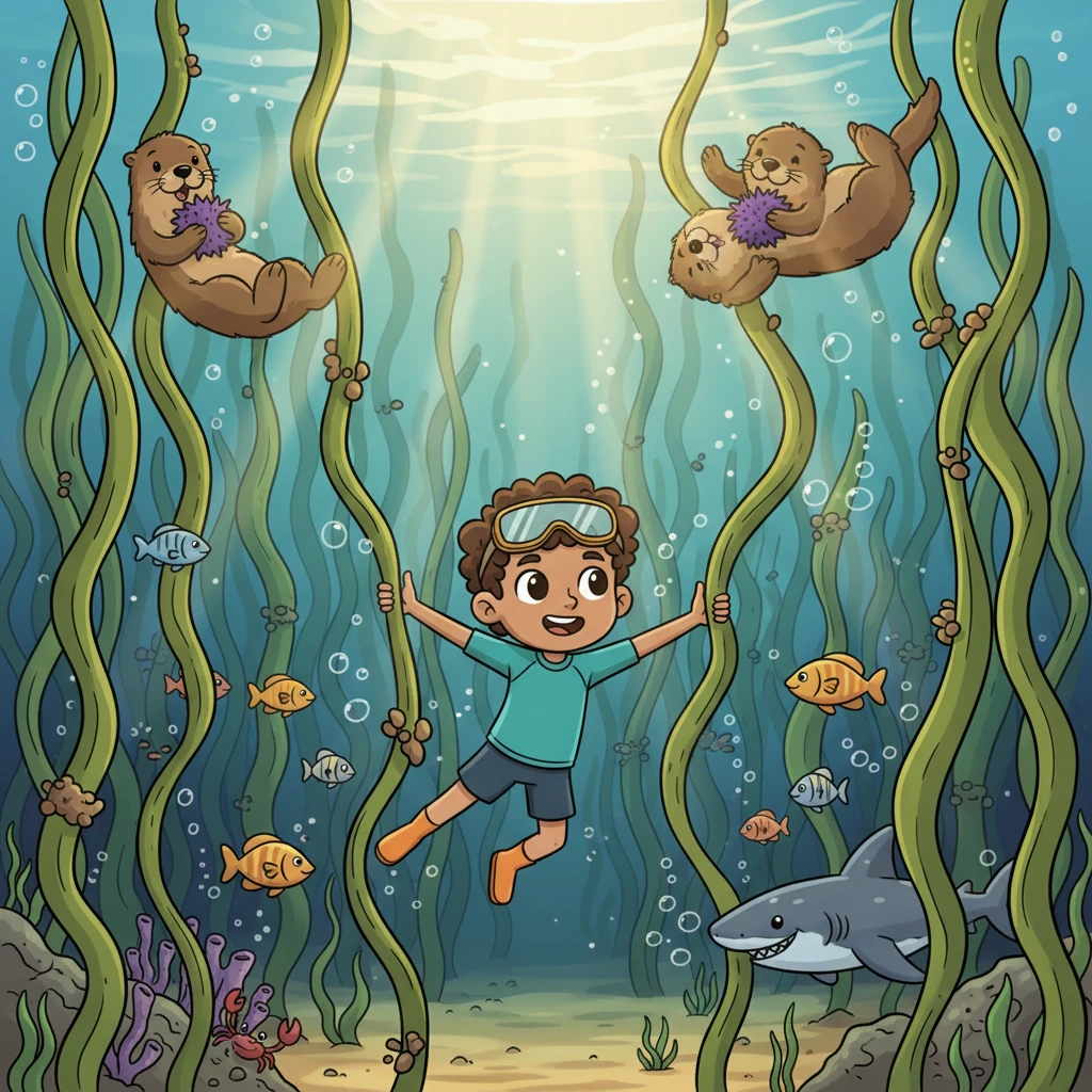 Jayden pictures himself swimming through a towering kelp forest, feeling like he's in an underwater jungle gym with sunlight dappling through the swaying fronds. Dad describes how playful sea otters float among the kelp, munching on sea urchins, helping to keep the forest healthy. Many other creatures, from tiny crabs to sleek sharks, find shelter and abundant food within these vibrant, green underwater trees.