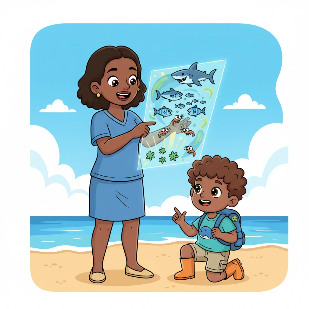 Mom explains the ocean's food chain, starting with microscopic phytoplankton that make their own food from sunlight, forming the base of all life. Tiny zooplankton eat the phytoplankton, then small fish eat the zooplankton, creating a continuous flow of energy. She describes how vast schools of fish swim together for safety, while bigger predators like tuna and sharks hunt them, maintaining the ocean's delicate balance.