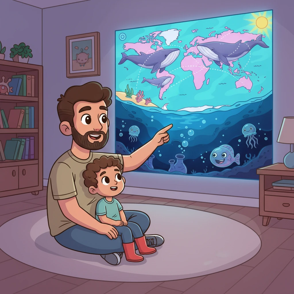 Dad describes incredible sea creature migrations, like humpback whales traveling thousands of miles to warmer waters to give birth, an epic journey of survival. He then tells Jayden about the Mariana Trench, the deepest part of the ocean, where bizarre, pressure-resistant creatures like the Mariana snailfish survive in extreme conditions. It's a place of ultimate mystery and wonder.