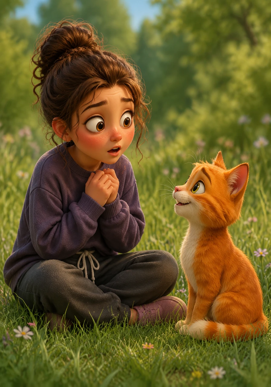 Mara blushes in complete shock as the ginger cat speaks directly to her, introducing himself politely and asking how she is doing. The two sit together in the lush green grass, starting a very long and unusual conversation between a girl and a cat.