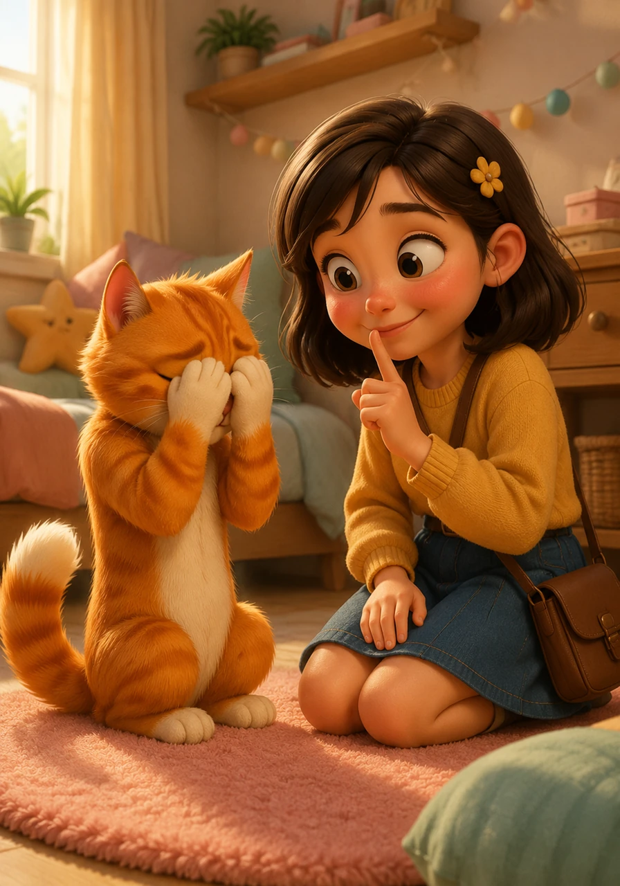 Before saying goodbye, the ginger cat begs Mara not to say a single word to her older sister Lola about their arrangement. He covers his face in embarrassment, and Mara giggles, promising to keep their little afternoon operation a total secret.