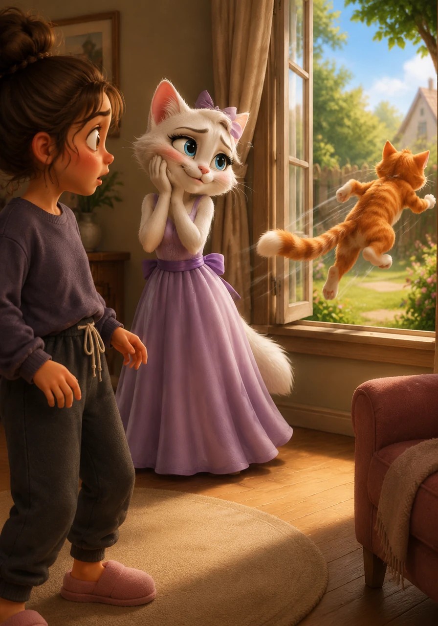 Fresa is instantly charmed by the ginger cat's elegant manners and sweet words, but their romantic moment is cut short when Lola suddenly walks into the room. The startled neighbor cat quickly leaps away and dashes off into the yard, leaving Fresa captivated.