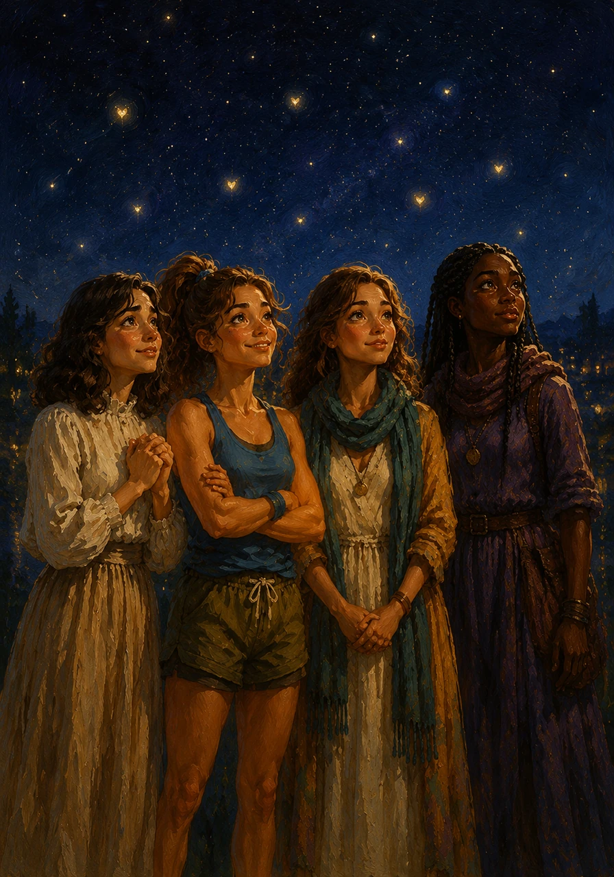 Amara, Harlow, Erin, and Xaniyah stand together under a starlit sky, their eyes glowing with the magical ability to see the radiant hearts of children. They share a moment of quiet determination, united by their mission to bring hope and light to those in need.