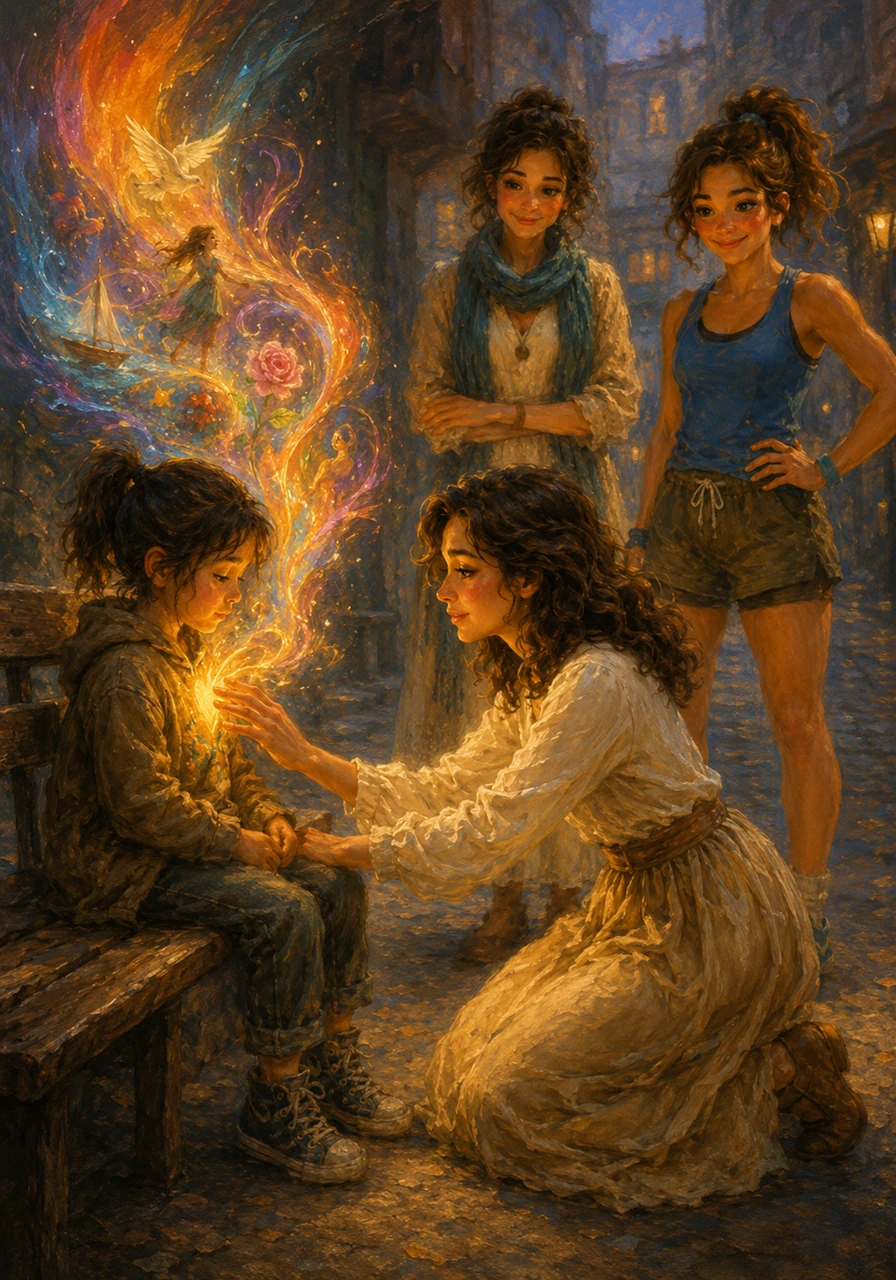 In a quiet corner of the city, the DreamWeavers find a lonely child sitting on a bench. Amara kneels beside him, her empathetic nature allowing her to see the vibrant, hidden dreams of art and color locked deep within his heart.