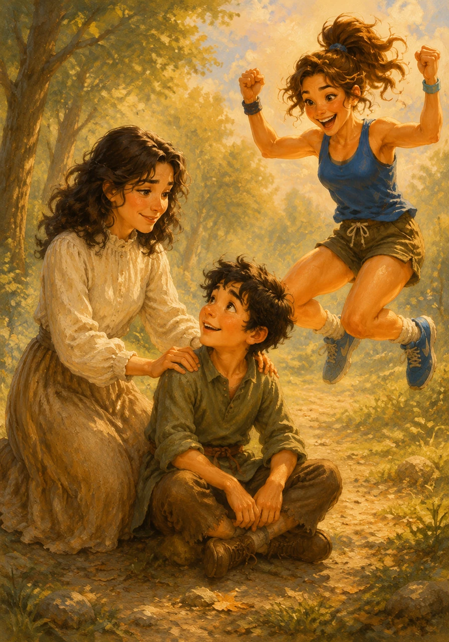Erin places a gentle hand on the boy’s shoulder, her soothing presence calming his fears and mending his spirit. Nearby, Harlow jumps with excitement, her boundless energy encouraging him to believe in his own magic.
