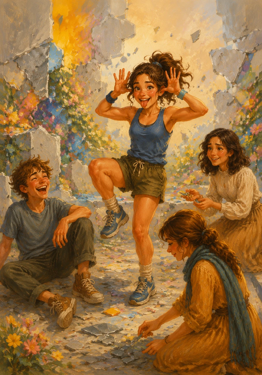 Dezzy performs a silly dance and tells a hilarious joke, making the boy burst into joyful laughter. The once-gray surroundings begin to fill with color as the group works together to heal a shattered dream.