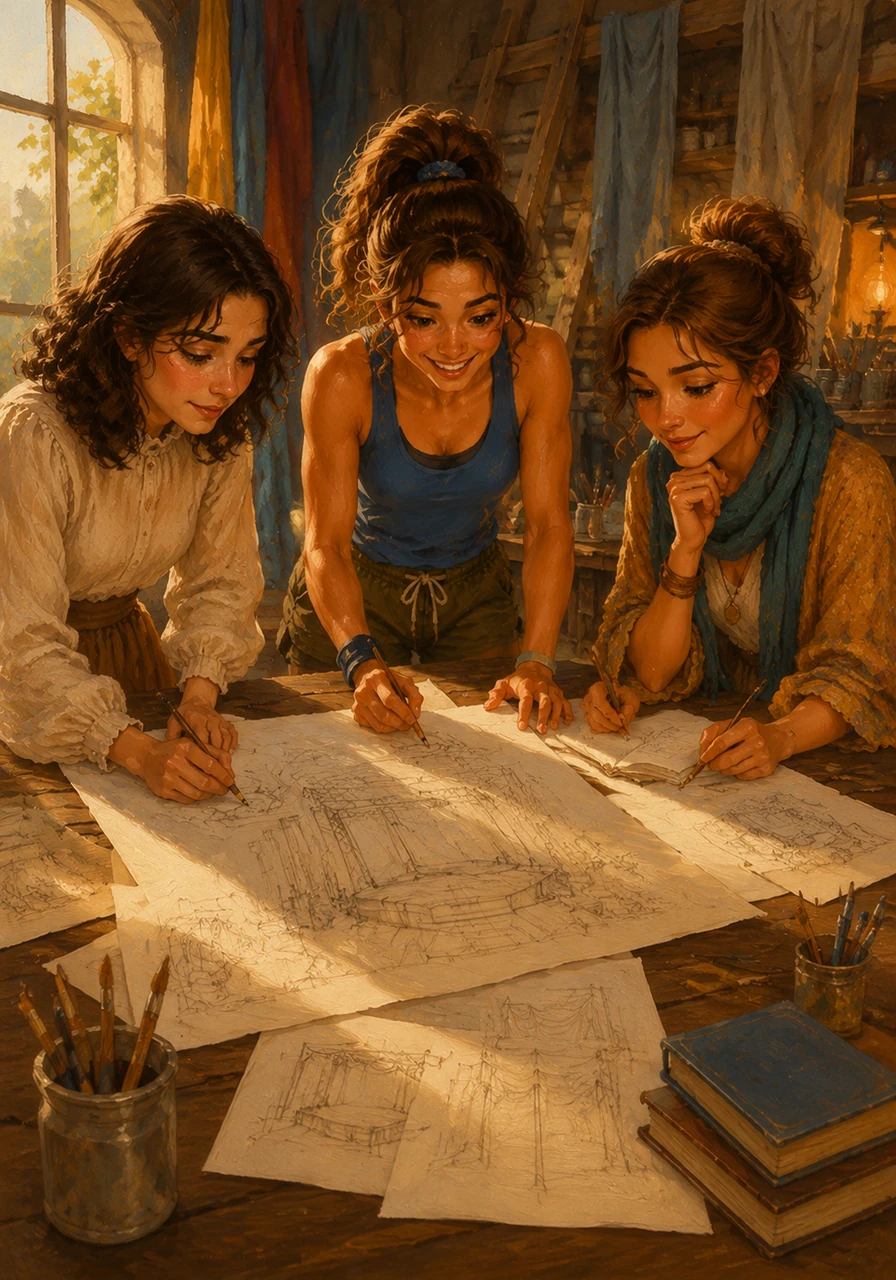The DreamWeavers gather around a large wooden table at their foundation, sketching out plans for a grand celebration. They work tirelessly, using their words to write messages of hope and organizing a stage where every child can shine.