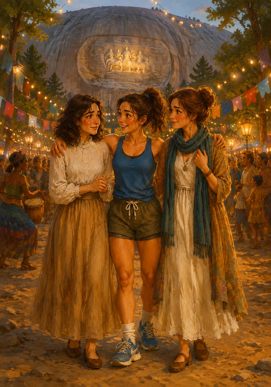 At the foot of Stone Mountain, a magnificent festival called You Shine We Shine unfolds with twinkling lights and colorful banners. Families from far and wide gather as music fills the air, creating an atmosphere of pure magic and unity.