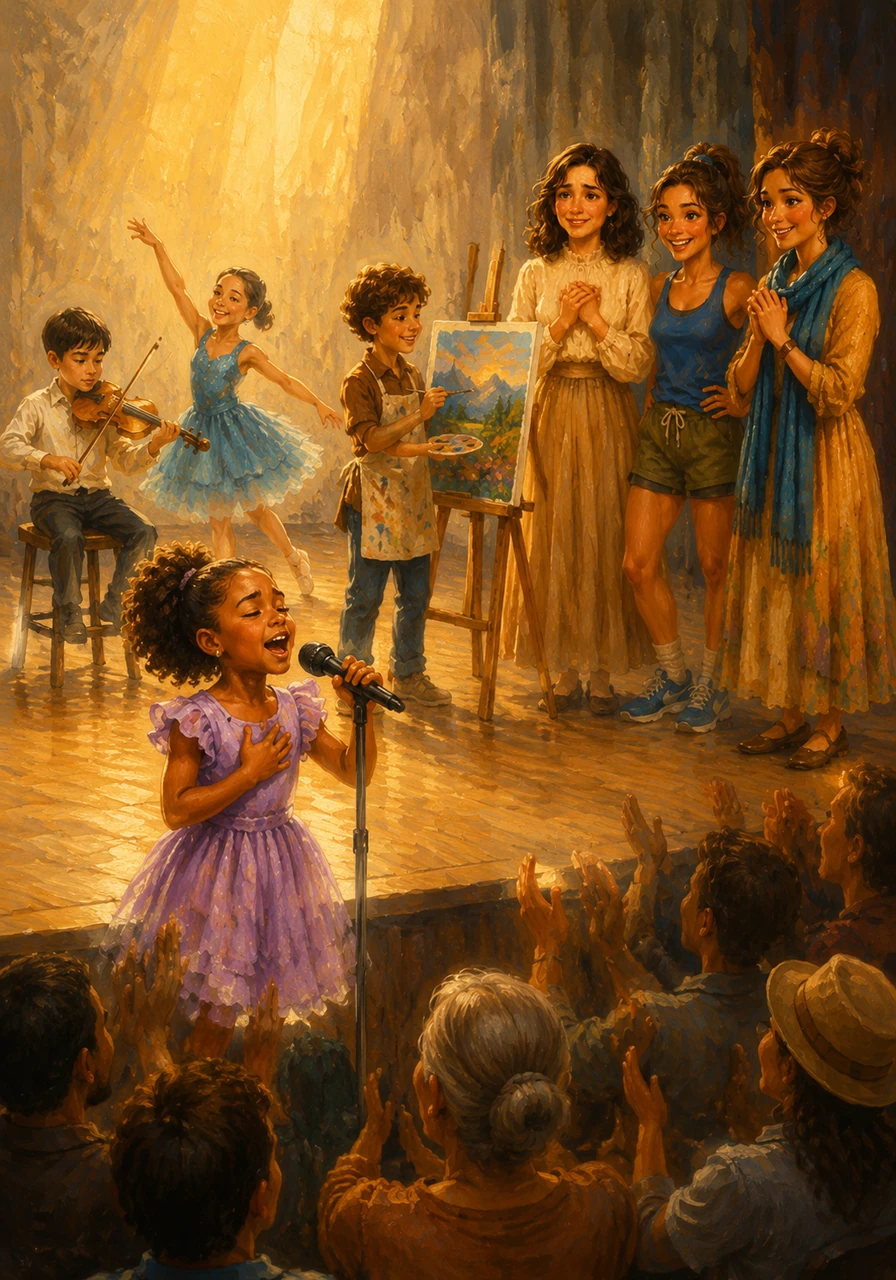 On the brightly lit stage, children showcase their incredible talents, from singing powerful songs to displaying intricate paintings. The DreamWeavers watch from the side, their faces beaming with pride as the community cheers for every young performer.