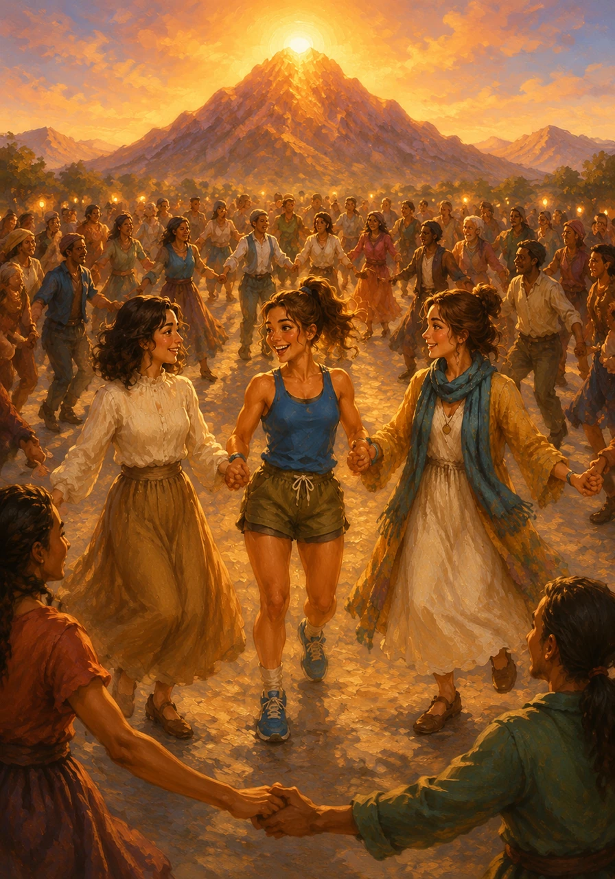 The entire community joins hands in a massive circle, dancing and laughing under the glow of the mountain. Barriers melt away as people who were once strangers share stories and celebrate the power of love and shared dreams.