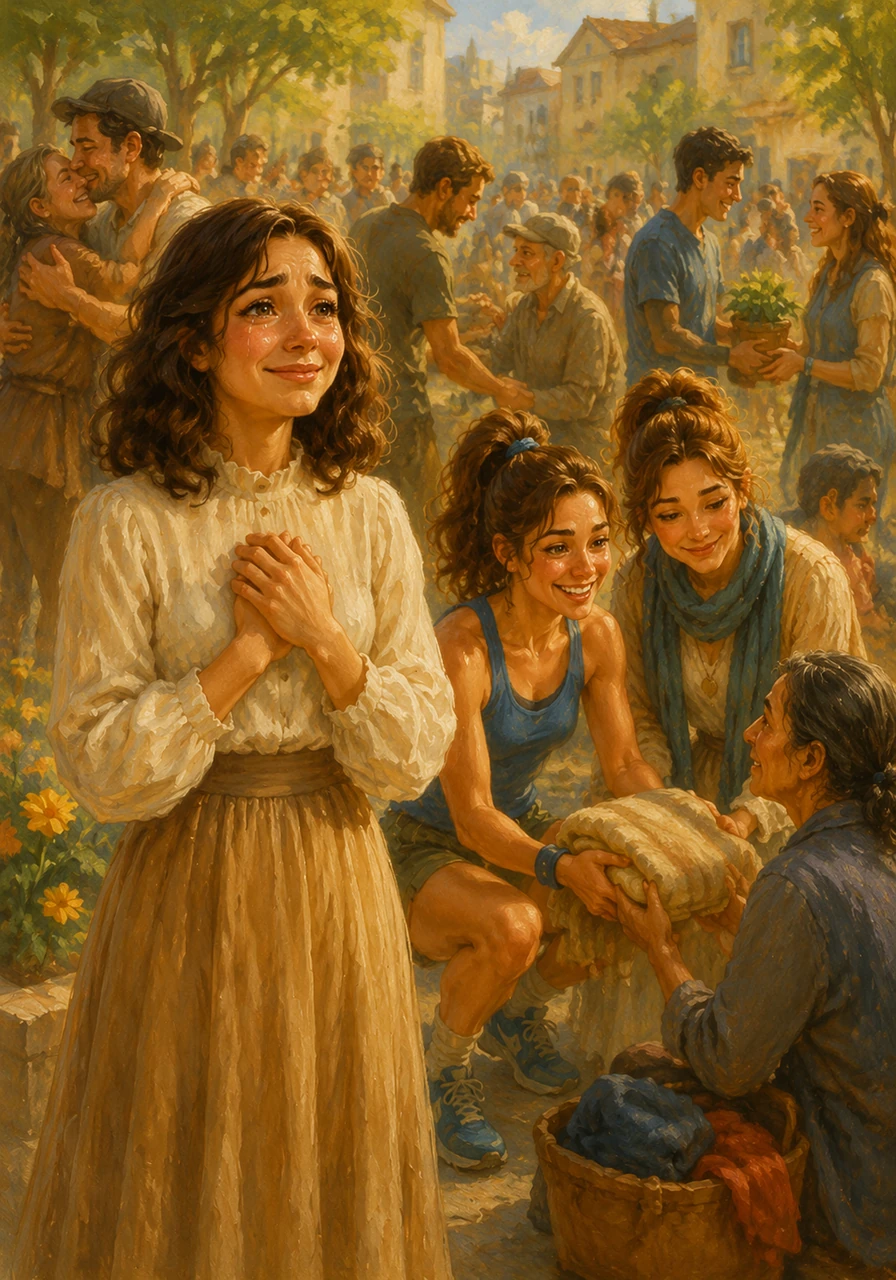 Amara watches the joyful crowd with tears of happiness in her eyes, realizing that their foundation has sparked a revolution of kindness. The ripple effect of their love is visible in every smile and every helping hand offered throughout the town.