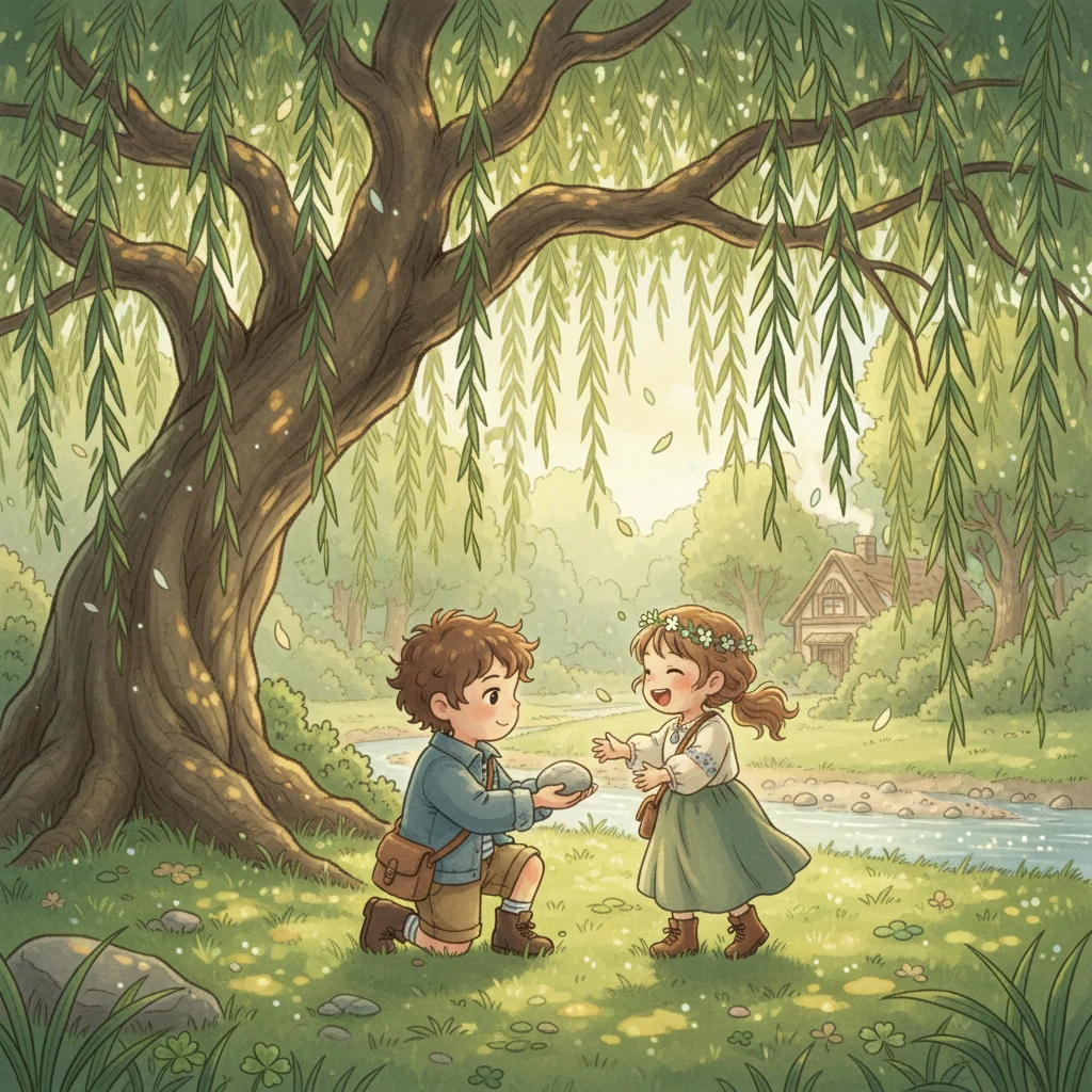 Kaito and Hana, just four years old, play beneath the sprawling branches of an ancient willow tree, its leaves gently swaying in the breeze. Sunlight filters through the canopy, dappling their innocent faces as Kaito carefully offers Hana a smooth, river-worn stone. Hana giggles, her tiny hand reaching out to accept the simple, cherished gift.