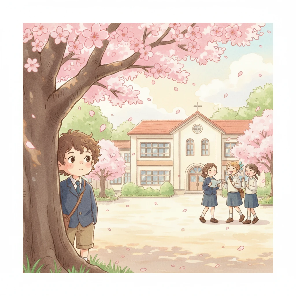 Seven years later, an eleven-year-old Kaito watches across a bustling school courtyard, a faint blush on his cheeks. He spots Hana, her hair tied with a simple ribbon, laughing brightly with friends near the opposite school building. A soft spring breeze rustles the cherry blossoms, carrying a familiar warmth that stirs Kaito's young heart.