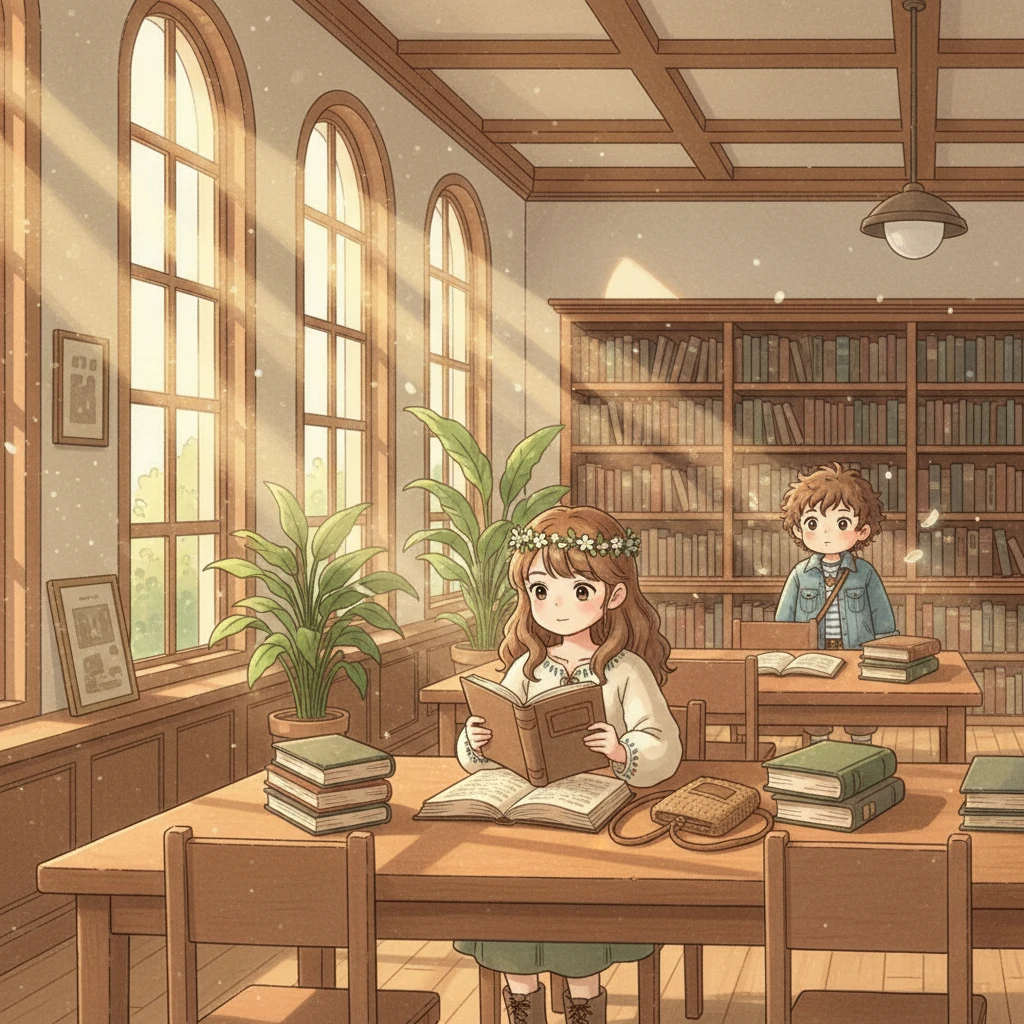 During a quiet afternoon in the sun-drenched school library, Kaito, now a shy teenager, secretly observes Hana. Sunlight streams through tall arched windows, illuminating the dust motes dancing in the air around her. Hana is deeply engrossed in a book, a thoughtful expression on her delicate features, completely unaware of Kaito's admiring, fluttering gaze.