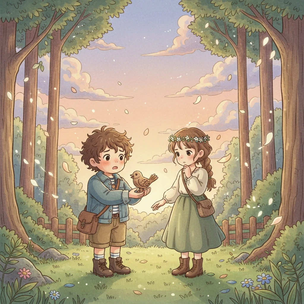 Under a sky painted with the soft, ethereal hues of sunset, Kaito, in his intermediate year, nervously holds out a small, intricately carved wooden bird to Hana. His cheeks are flushed, his heartfelt plea for a shared future hanging in the air. Hana, her eyes downcast, hesitates with a mix of uncertainty and quiet affection before softly nodding her acceptance.