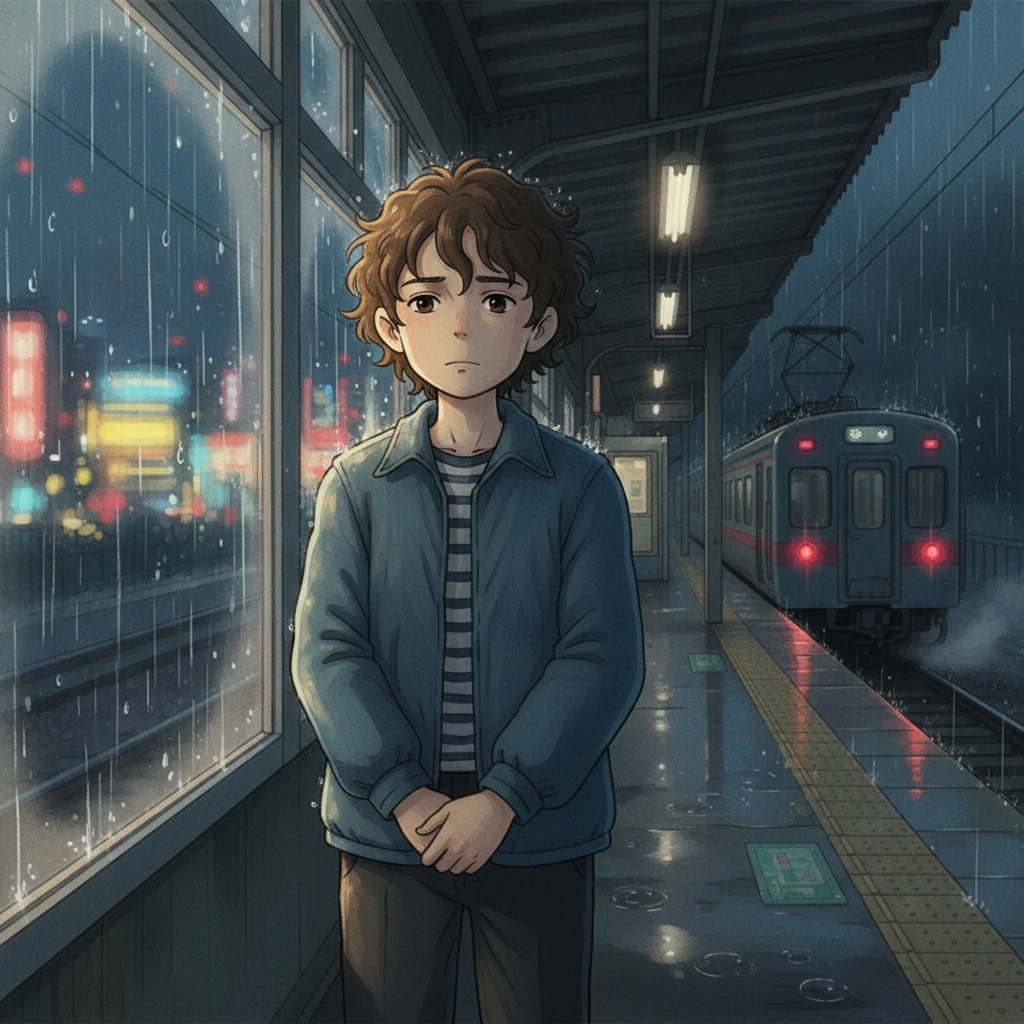 Years later, heavy rain blurs the city lights outside a train station window, mirroring the somber mood on Kaito's face. He stands alone on the platform, watching a departing train disappear into the distance, carrying with it a piece of his heart. The world feels vast and empty without Hana, their paths diverging after unspoken disagreements and the pressures of growing up.