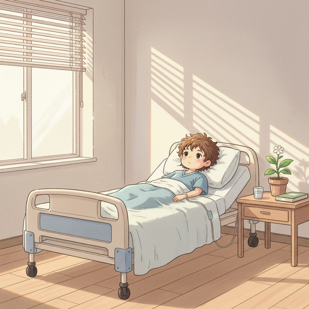 Kaito lies in a hospital bed, weak sunlight filtering weakly through the blinds, casting long, lonely shadows across the room. A small, resilient potted plant sits on his bedside table, a silent beacon of hope. A faraway look is in his eyes, reflecting the profound vulnerability and lingering shock from his harrowing accident on the third floor.