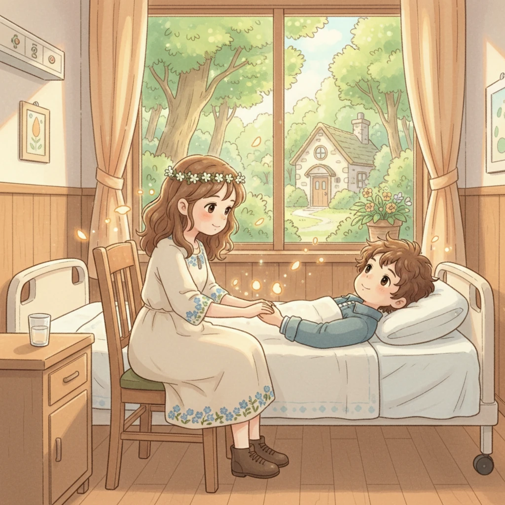 Hana sits gently by Kaito's hospital bedside, her hand softly enveloping his, a quiet understanding passing between their intertwined fingers. Unspoken words fill the sterile air, creating a powerful connection. Her comforting presence acts as a balm, bringing a profound sense of calm and warmth back into Kaito's world, rekindling their enduring bond.