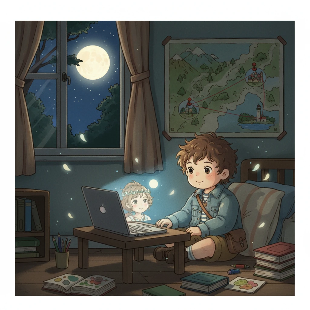 The soft glow of a video call illuminates Kaito's dim room, Hana's smiling face a distant yet profoundly comforting presence on the screen. Miles separate them, vividly represented by a map adorned with pins connecting their two far-off cities. Despite the vast physical distance, their connection feels strong, a shared moon visible through Kaito's window, mirroring the one Hana sees.