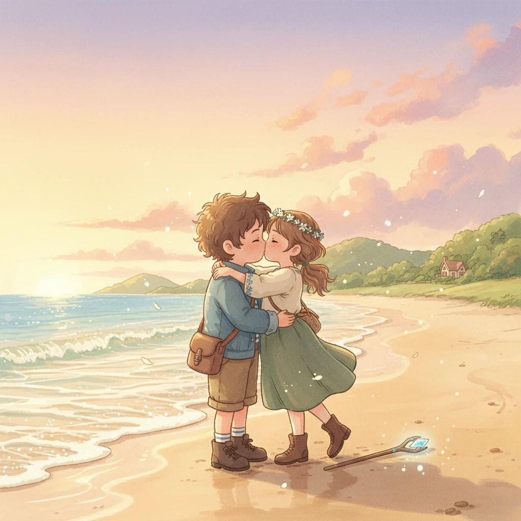 On a serene beach, bathed in the golden, tender light of a late summer evening, Kaito and Hana share their long-awaited first kiss. Gentle waves lap rhythmically at the shore, and the sky is painted with breathtaking soft oranges and purples. It is August 24, 2024, a moment of pure joy and profound connection, sealing years of shared history and enduring love.