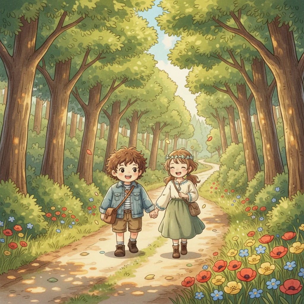 Kaito and Hana walk hand-in-hand along a winding country road, sunlight filtering warmly through the verdant canopy of ancient trees. Their soft laughter echoes as they discover a hidden patch of vibrant wildflowers, a testament to nature's quiet beauty. Every shared moment, whether by the sea or on a secluded path, becomes a cherished memory, beautifully woven into the rich tapestry of their ongoing journey together.