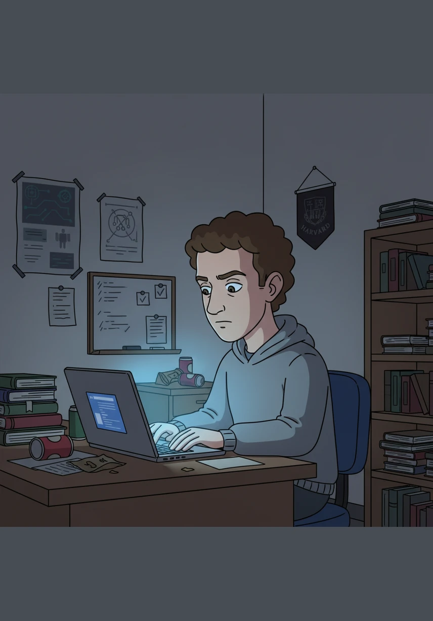 In a quiet dorm room at Harvard University, a young student named Mark Zuckerberg spends his nights immersed in the world of computer programming. Surrounded by stacks of books and the soft hum of his computer, he dreams of building something that can change the way people interact.
