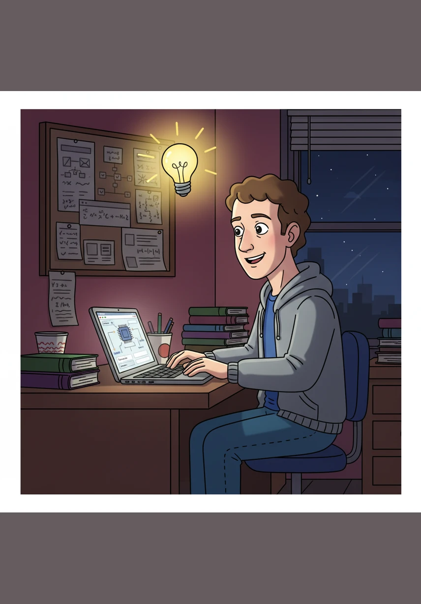 One evening, a brilliant idea strikes Mark like a bolt of lightning, illuminating his mind with new possibilities. He envisions a digital space where students can easily find one another, share information, and stay connected within their campus community.