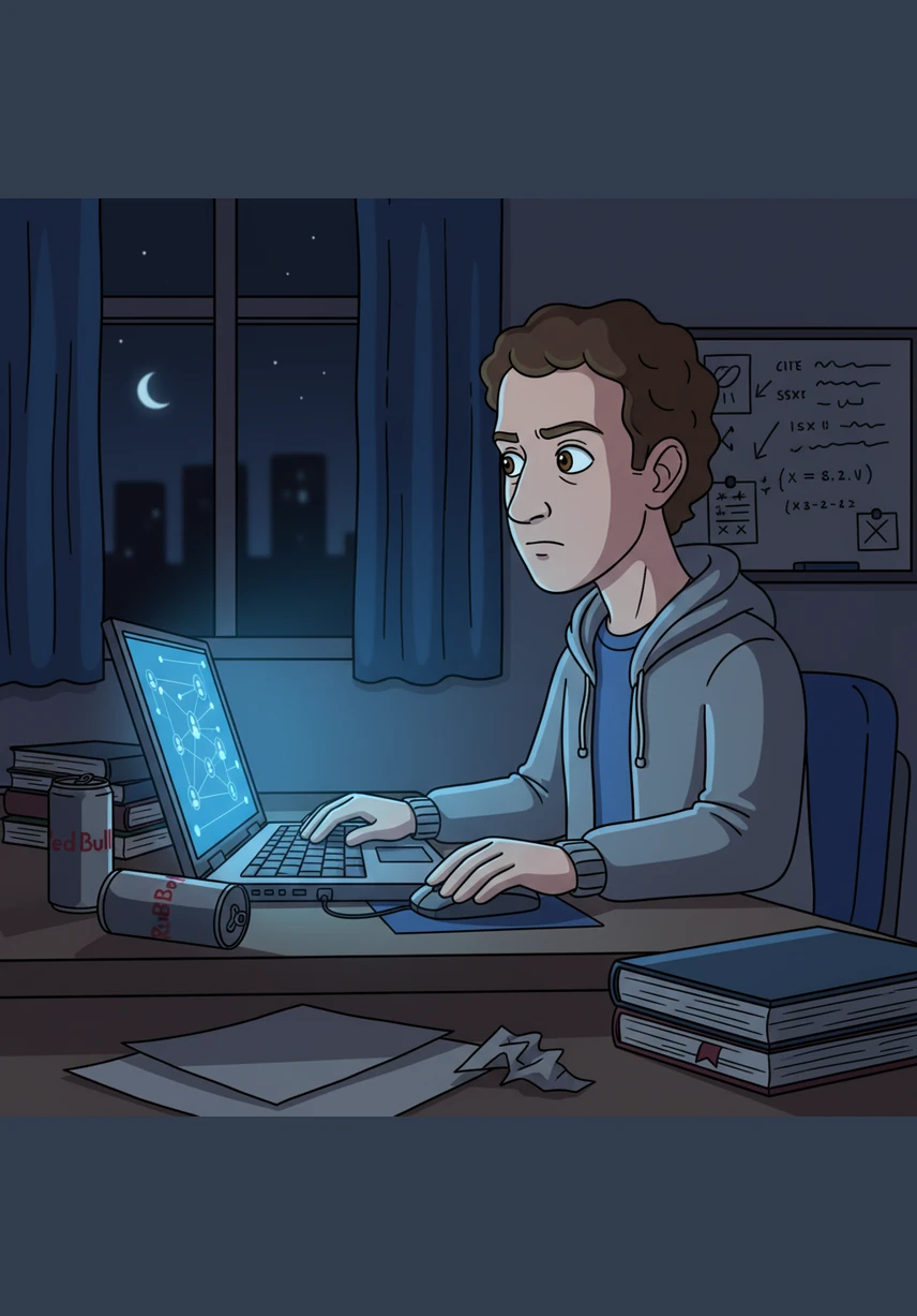 With focused determination, Mark begins to write the complex code that will bring his vision to life on the screen. The very first version of the website starts to take shape as a digital directory for his fellow university students to meet and interact.