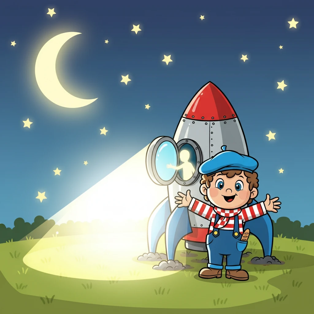 Un soir, alors qu'il observait les étoiles, une lueur vive apparut. Un vaisseau spatial en forme de fusée atterrit devant lui. Une porte s'ouvrit et une voix l'invita à monter à bord pour une aventure inoubliable.