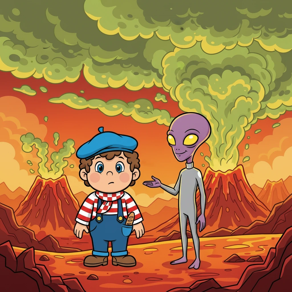 Ensuite, ils visitèrent Vénus, une planète brûlante avec une atmosphère épaisse. Zéphyr lui montra les nuages toxiques et les paysages volcaniques, tout en lui expliquant les dangers.