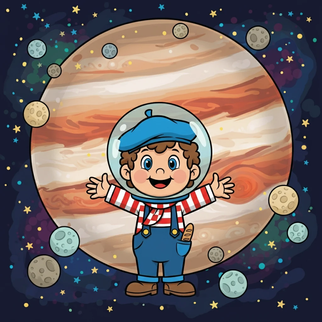 Jupiter, la géante gazeuse, était impressionnante par sa taille. Lolo observa la Grande Tache Rouge et les nombreux satellites qui l'entouraient, émerveillé par leur beauté.